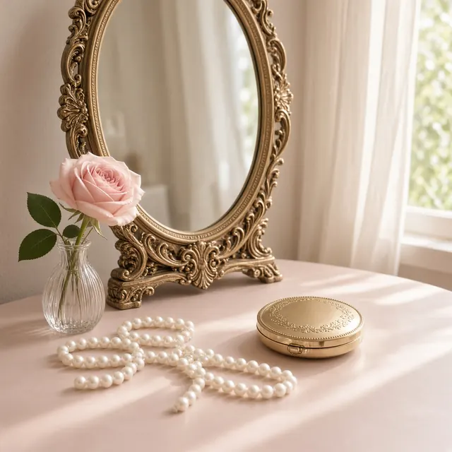 Gold mirror on a pink table with a rose in a vase, a pearl necklace and a powder compact