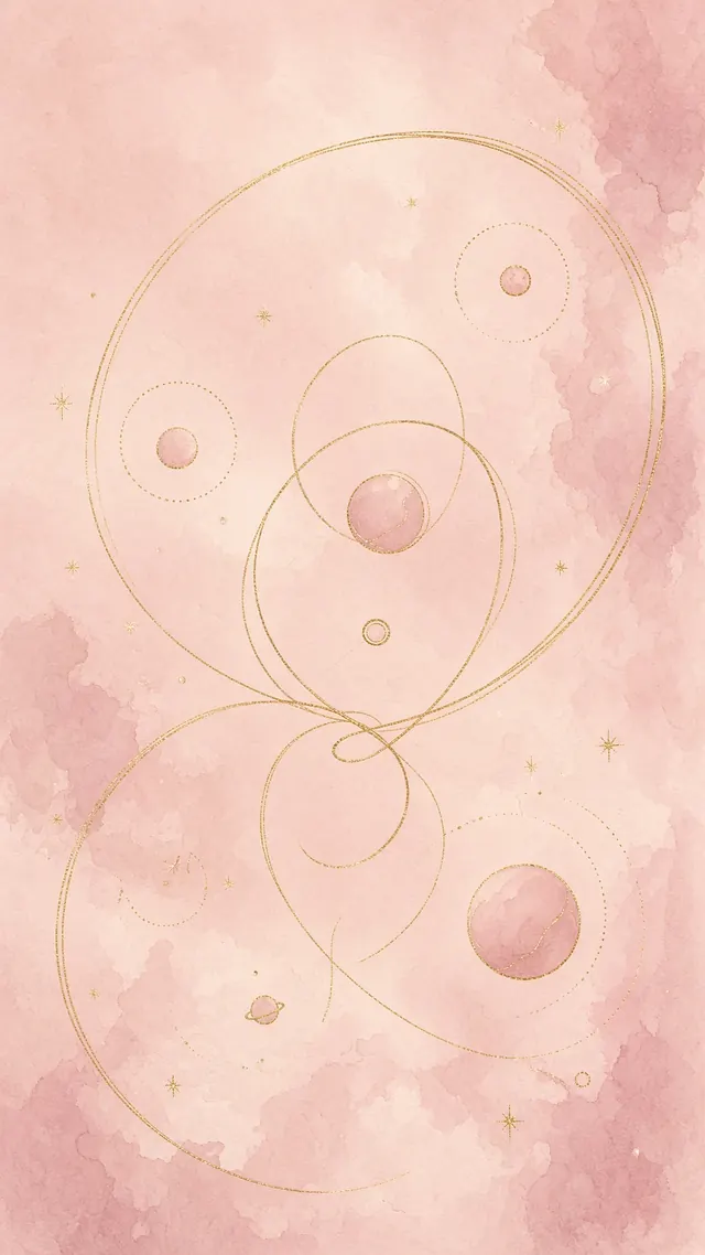 Golden orbits and planets on a pink watercolour background