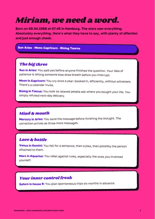 Sample page 1: “Miriam, we need a word”, the big three, Mercury, Venus, Mars and Saturn on magenta sticker cards