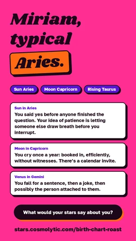 1080×1920 story image: “Miriam, typical Aries”, with Sun, Moon, rising sign and three roast lines
