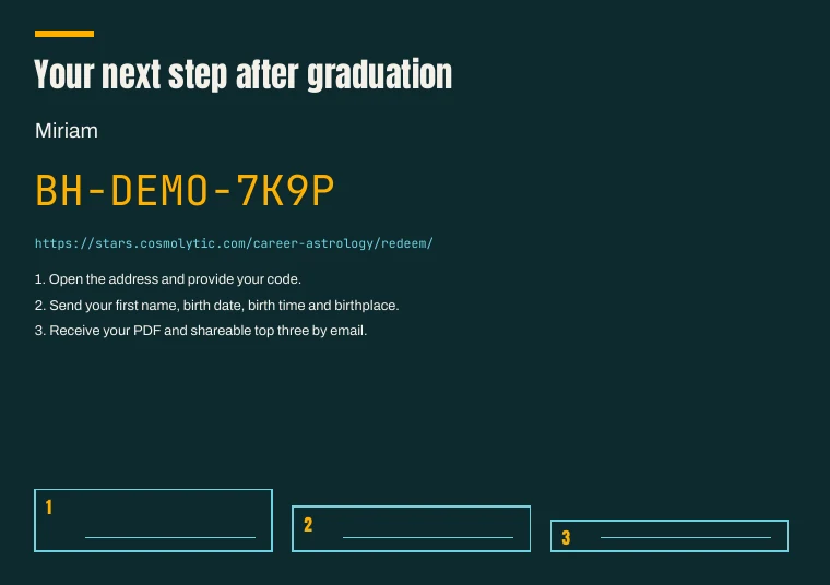 Printable gift card sample: Your next step after graduation, with an example code