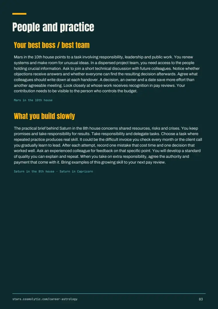 Miriam’s sample PDF, page 3: boss, team and growing skills