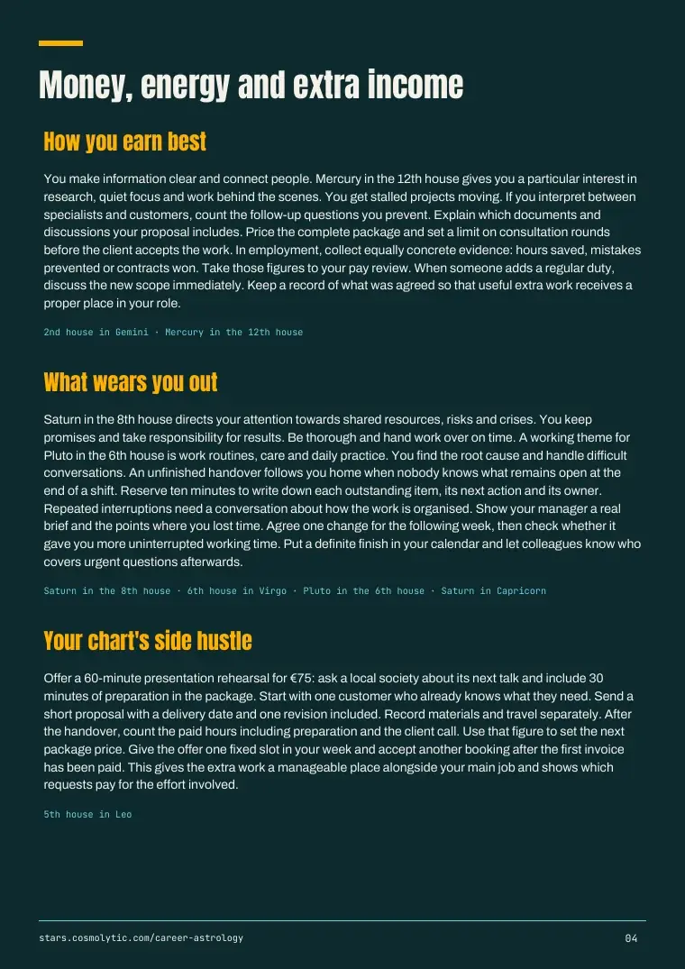 Miriam’s sample PDF, page 4: money, energy and side hustle
