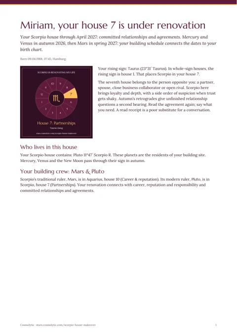 First page of Miriam’s PDF: Scorpio in house 7, natal residents and the rulers Mars and Pluto